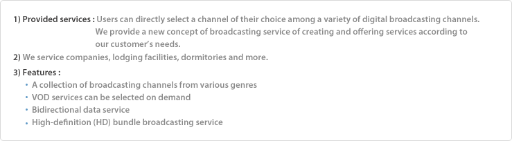 1)방식 : 다양한 장르의 디지털 방송 채널에서 필요한 채널을 직접 선택하여 서비스 제공고객의 Needs에 따라 구축하여 서비스 제공이 가능한 신개념 방송 서비스  2)대상 : 기업, 숙박업소, 기숙사 등 3)특징 : 다양한 장르 방송채널 보유, 내맘대로 골라보는 VOD 서비스, 양방향 데이터 서비스, 고화질(HD) 묶음 방송 서비스