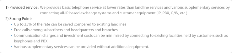 1) Method : Corporate telephone service which provides telephone basic service of lower rates than landines and various 
                        supplementary services by connecting all-IP based exchange system and customer equipment (IP, PBX, G/W, etc.)
2) Strong Points
          Up to 35% of the rate can be saved compared to the existing landlines 
          No charge call between subscribers and headquarters and branches 
          Communication charge and investment cost can be minimized by connecting to the existing facilities held by customers 
          such as keyphone and PBX. 
          Various supplementary services can be provided without additional equipment.

